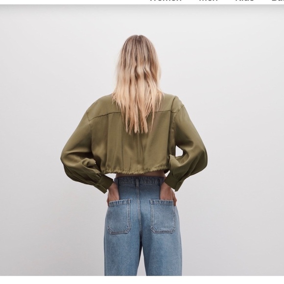 Zara Crop Button Down Shirt with Drawstring - Olive - Picture 4 of 14